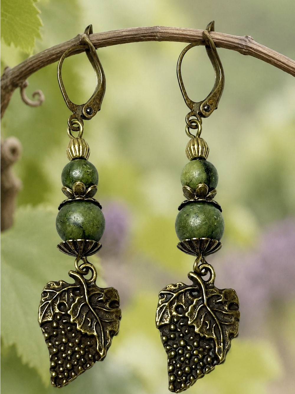 Artisan Green Bead Grape Leaf Earrings, Antique Brass Botanical Dangles